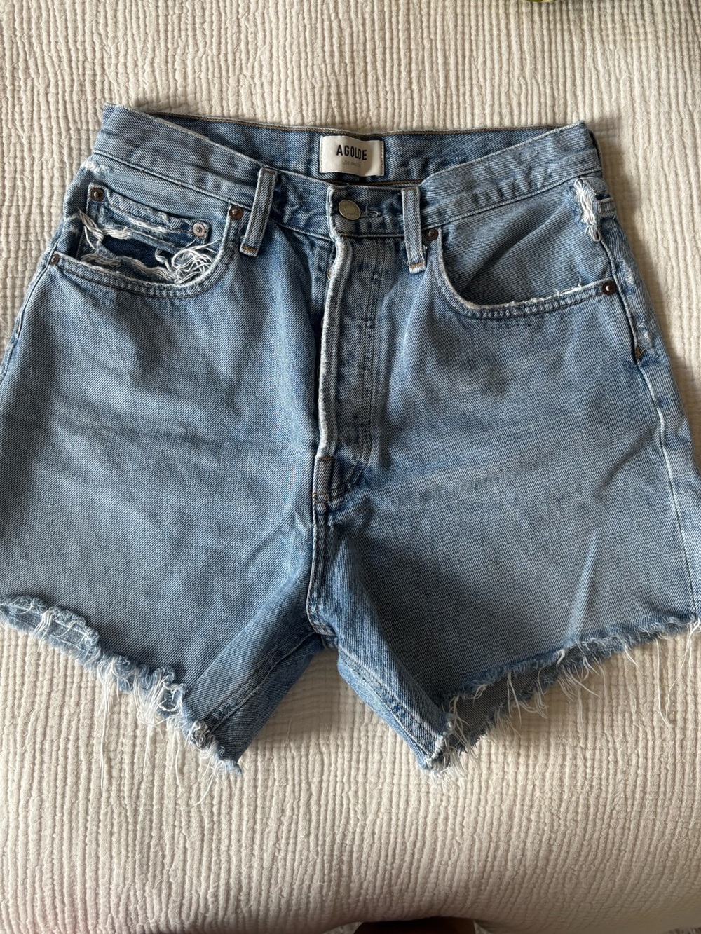 Agolde Light Blue High-Rise Distressed Denim Shorts